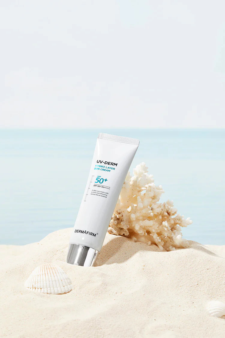 DermAfirm hydro sunscreen 50 SPF on the beach