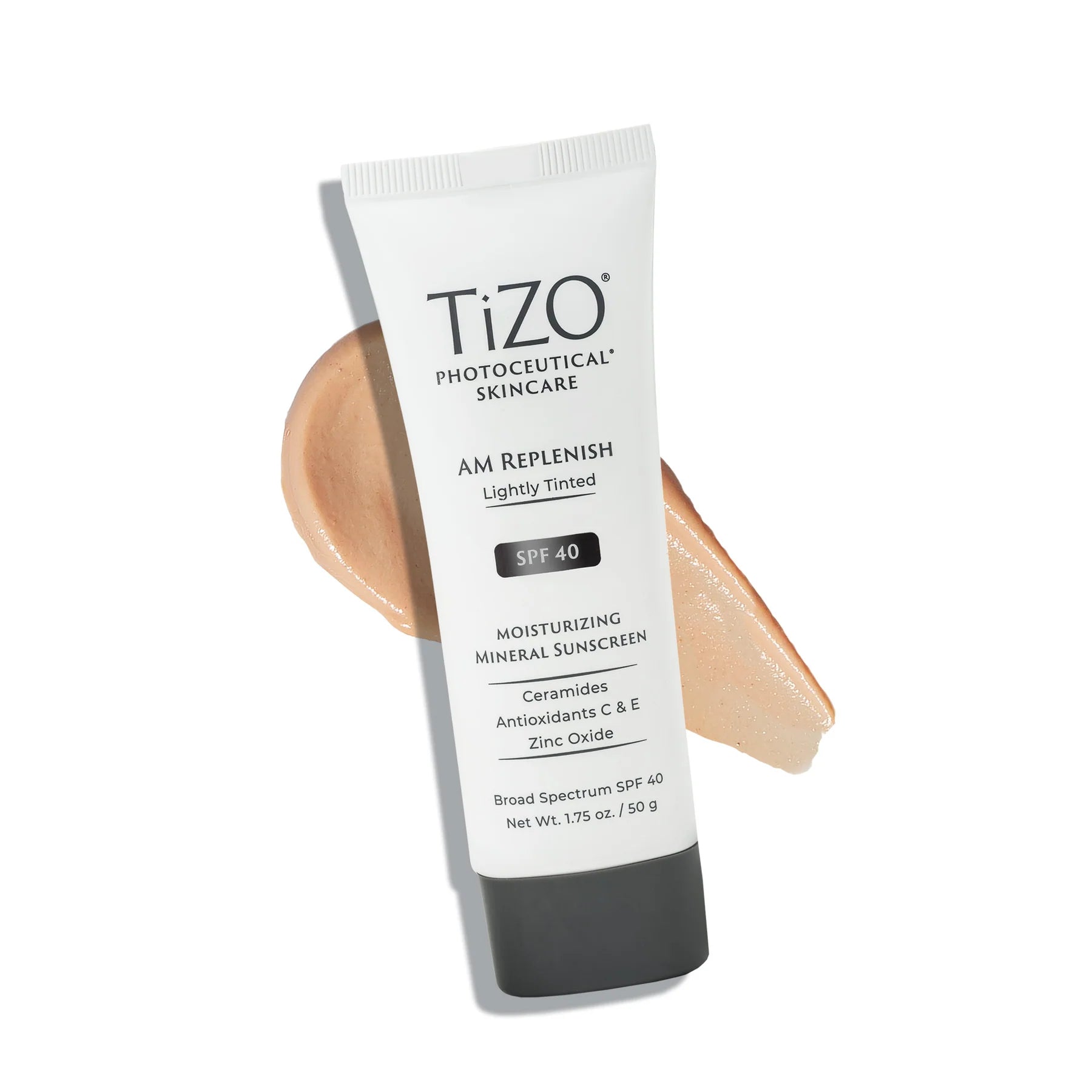 TIZO AM Replenish Tinted SPF 40 tube + texture